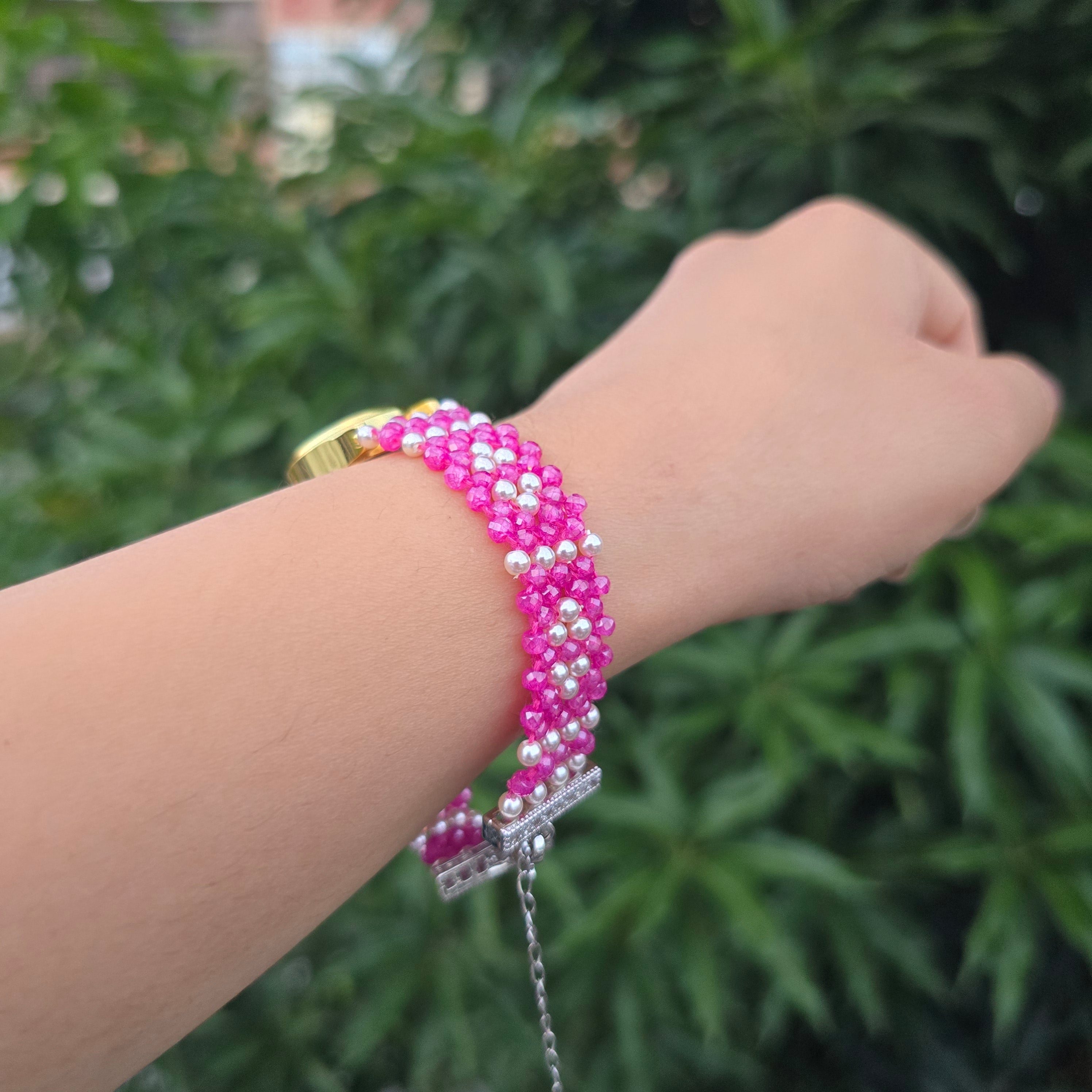 Pink and White Patterned Beaded Watch