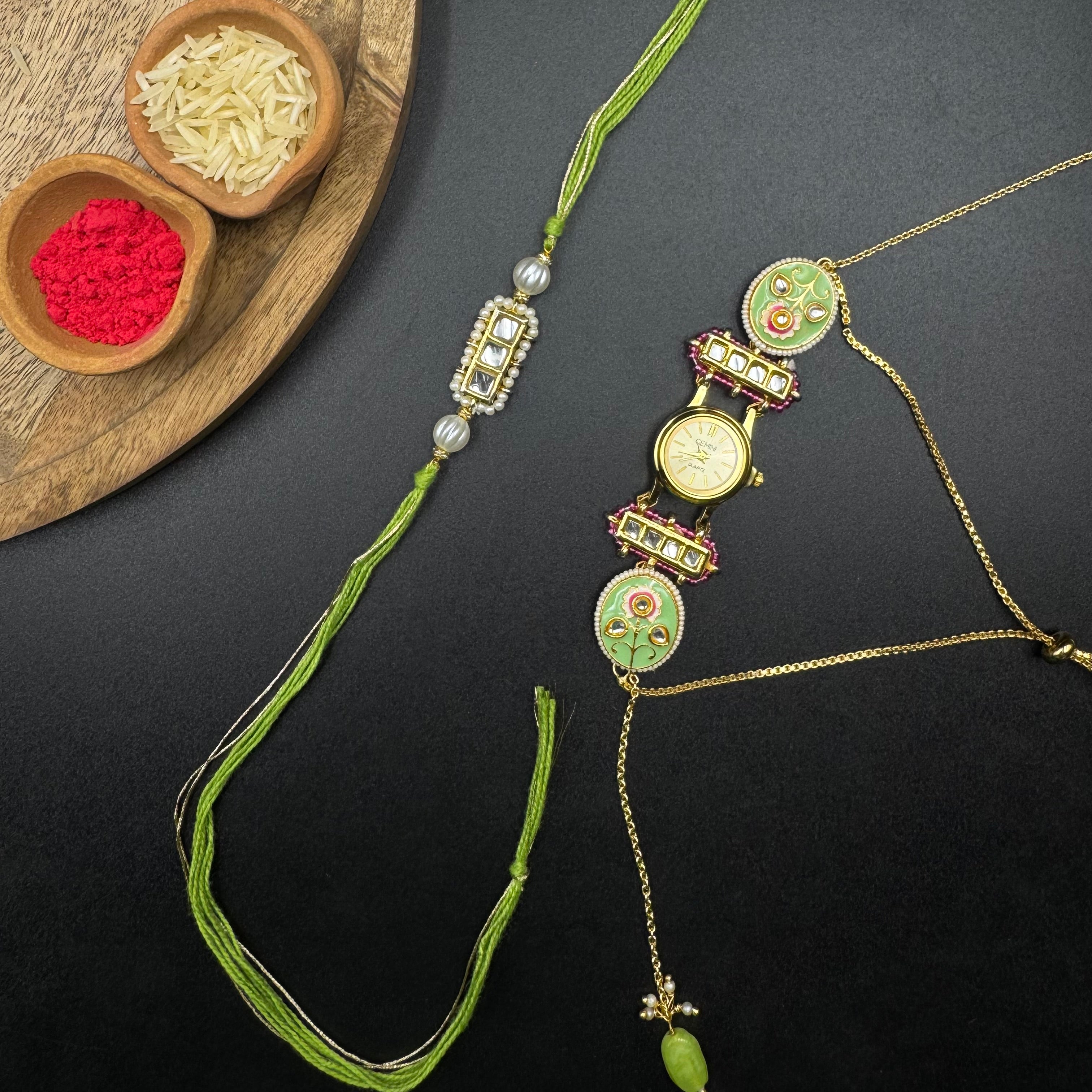 Green Pink Meena Kundan Watch and Rakhi Combo