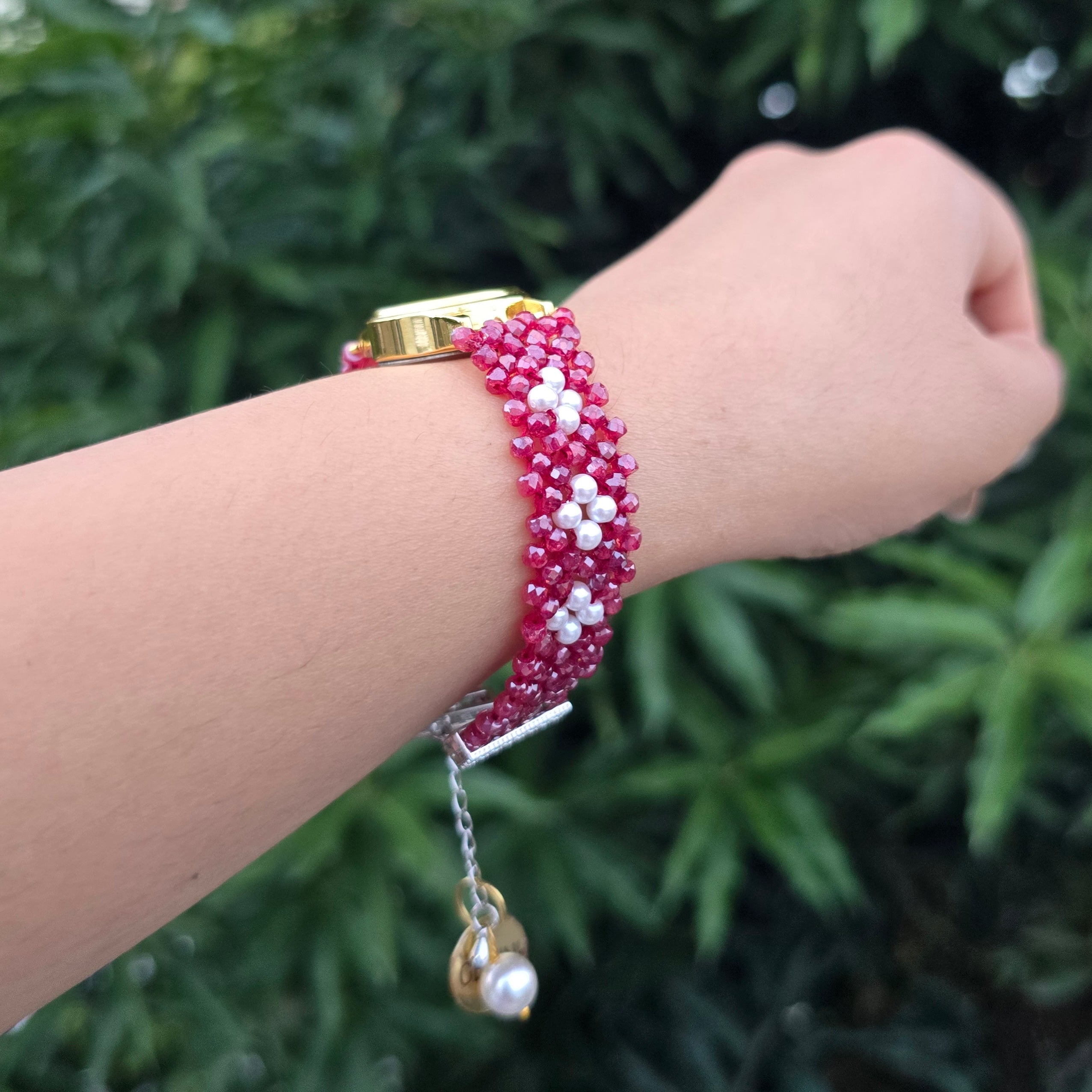 Pink Floral Beaded Watch