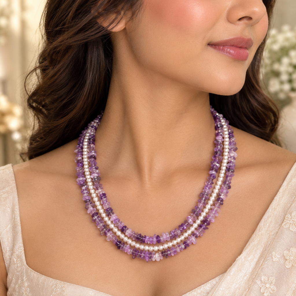 Uncut Amethyst and Pearls Necklace
