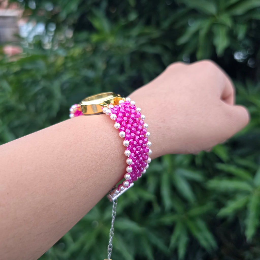 Pink and White Beaded Watch