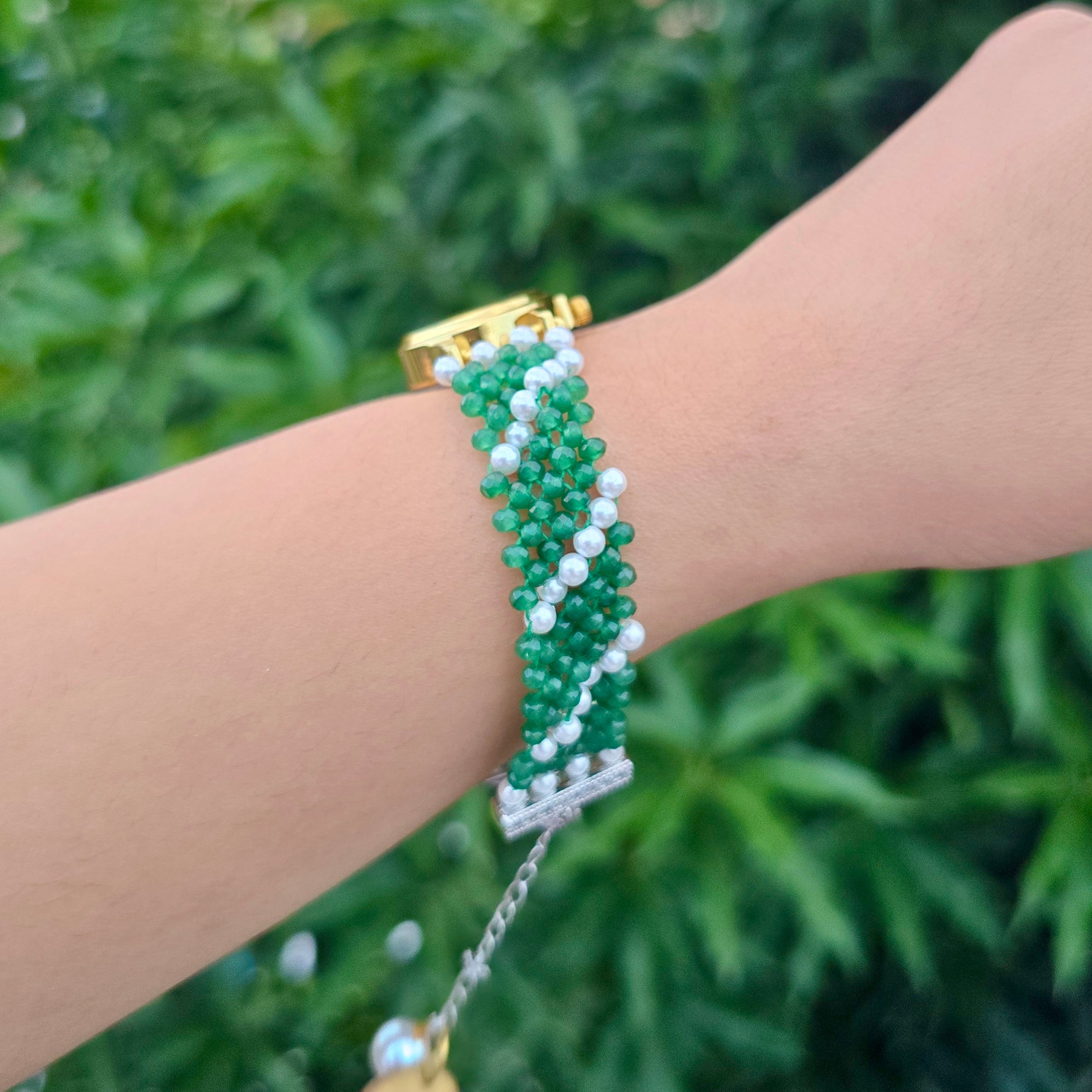 Green and White Beaded Watch