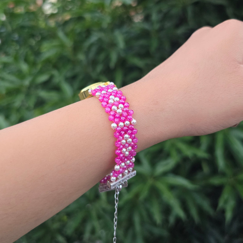 Pink and White Patterned Beaded Watch
