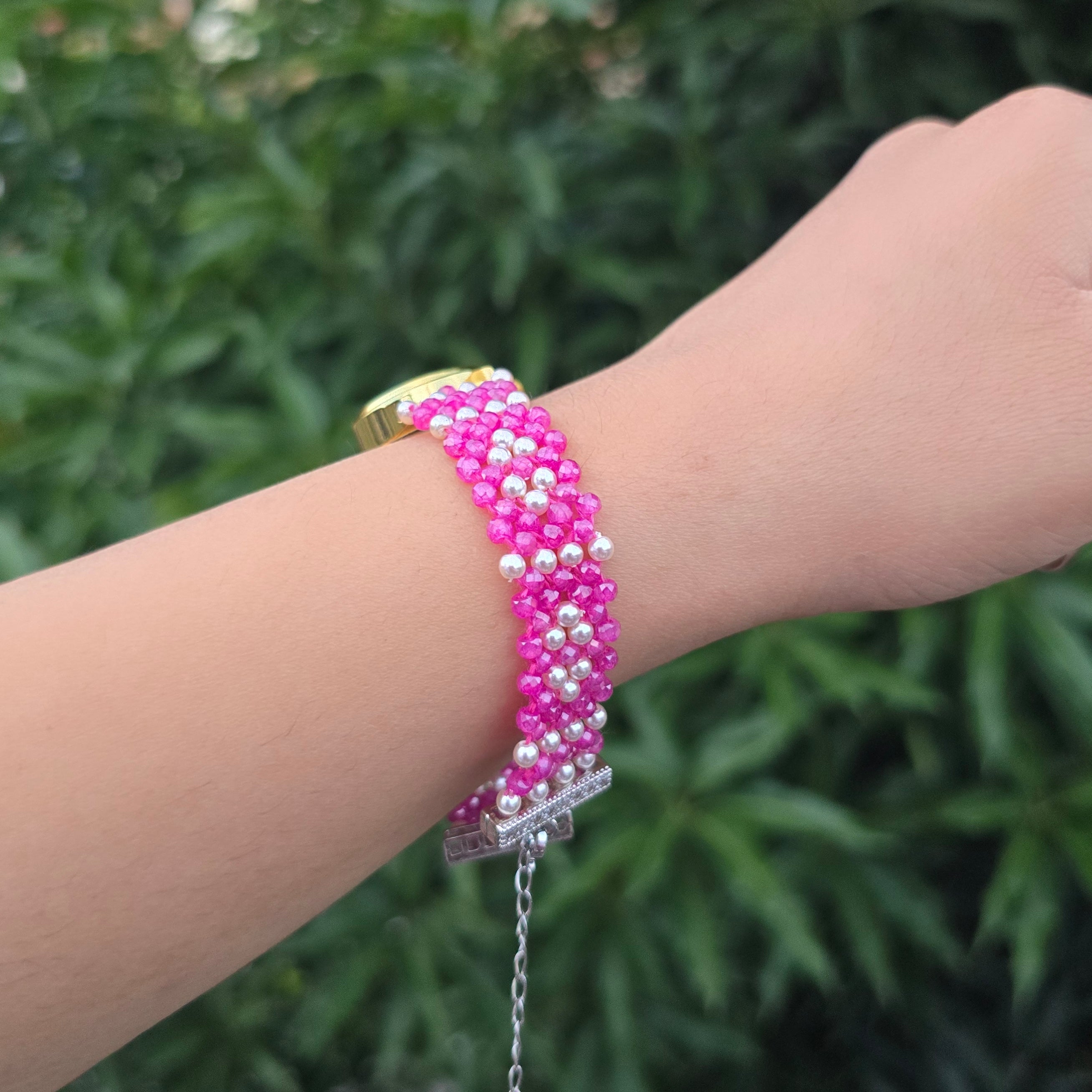 Pink and White Patterned Beaded Watch