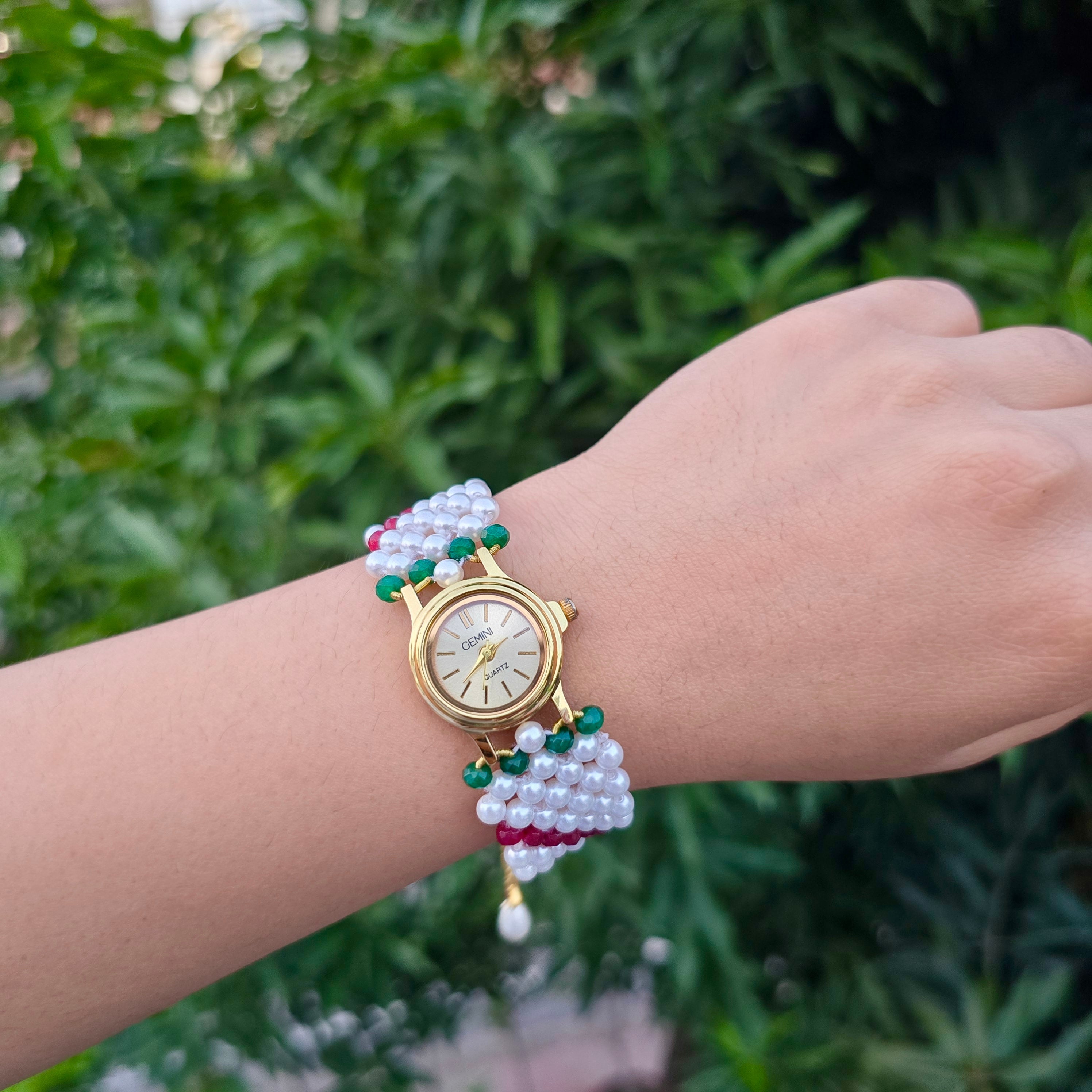 Red and Green Patterned Pearl Beaded Watch