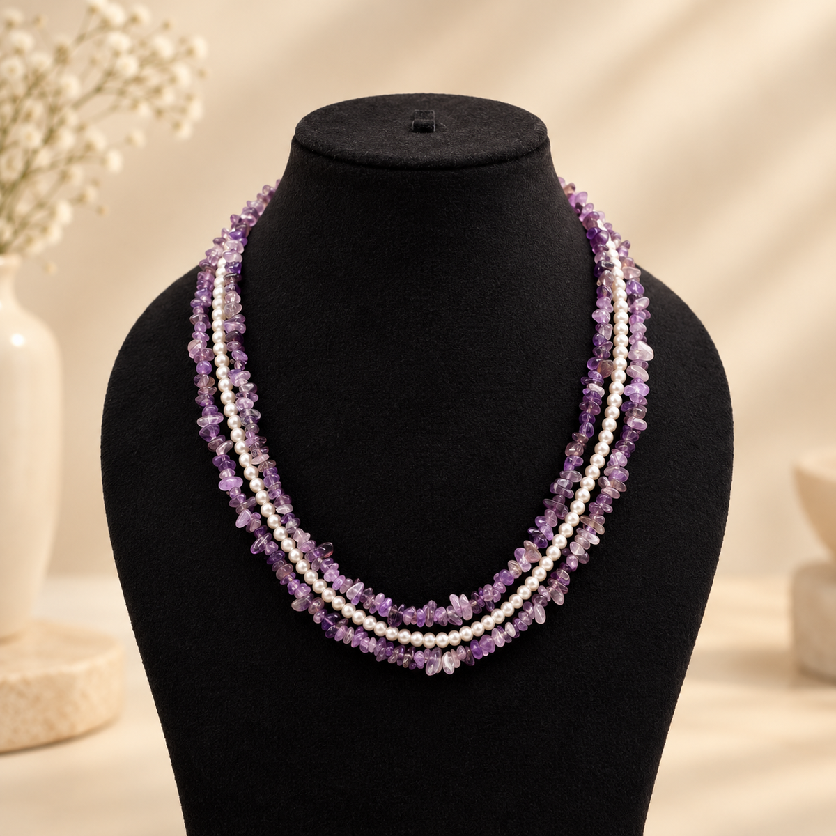 Uncut Amethyst and Pearls Necklace