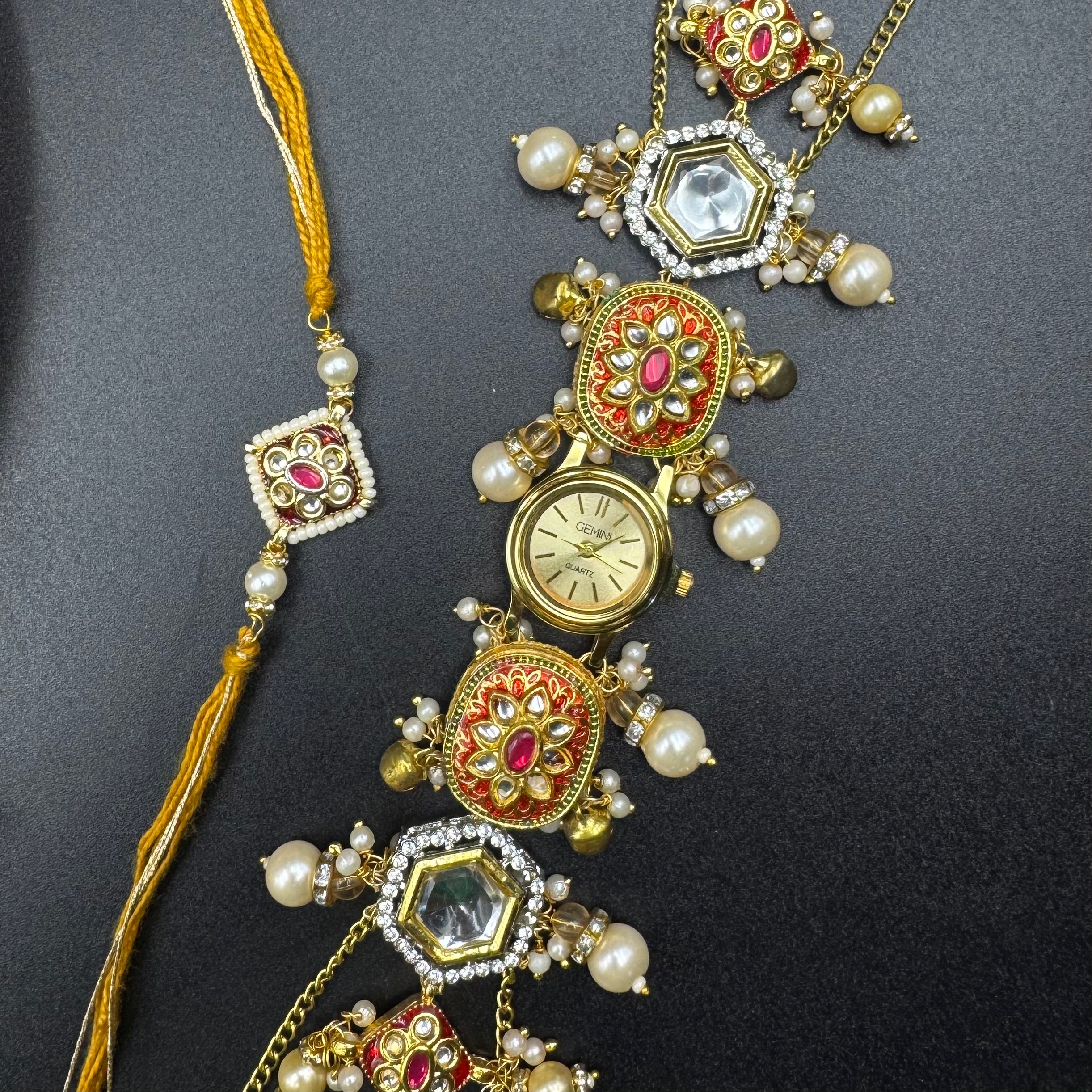 Kundan Meena Kashmiri Watch and Rakhi Combo