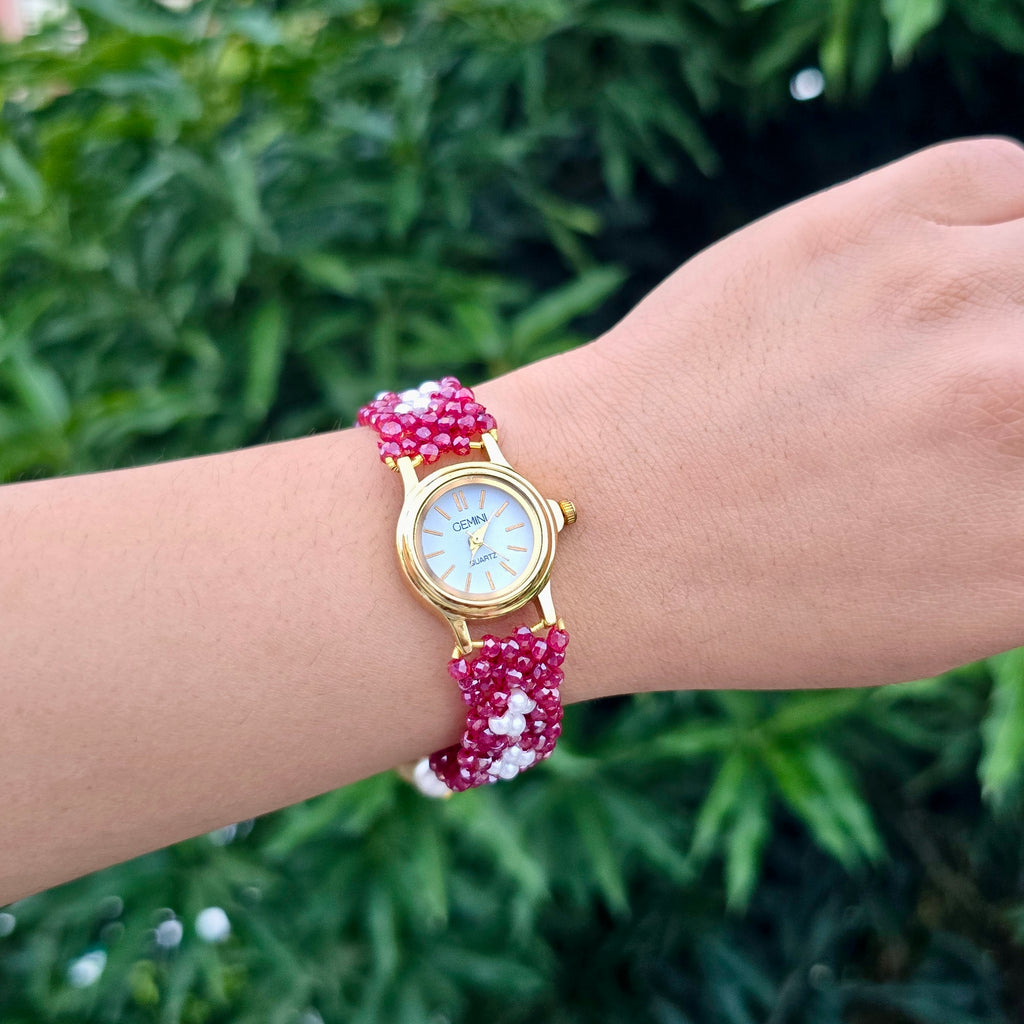 Pink Floral Beaded Watch