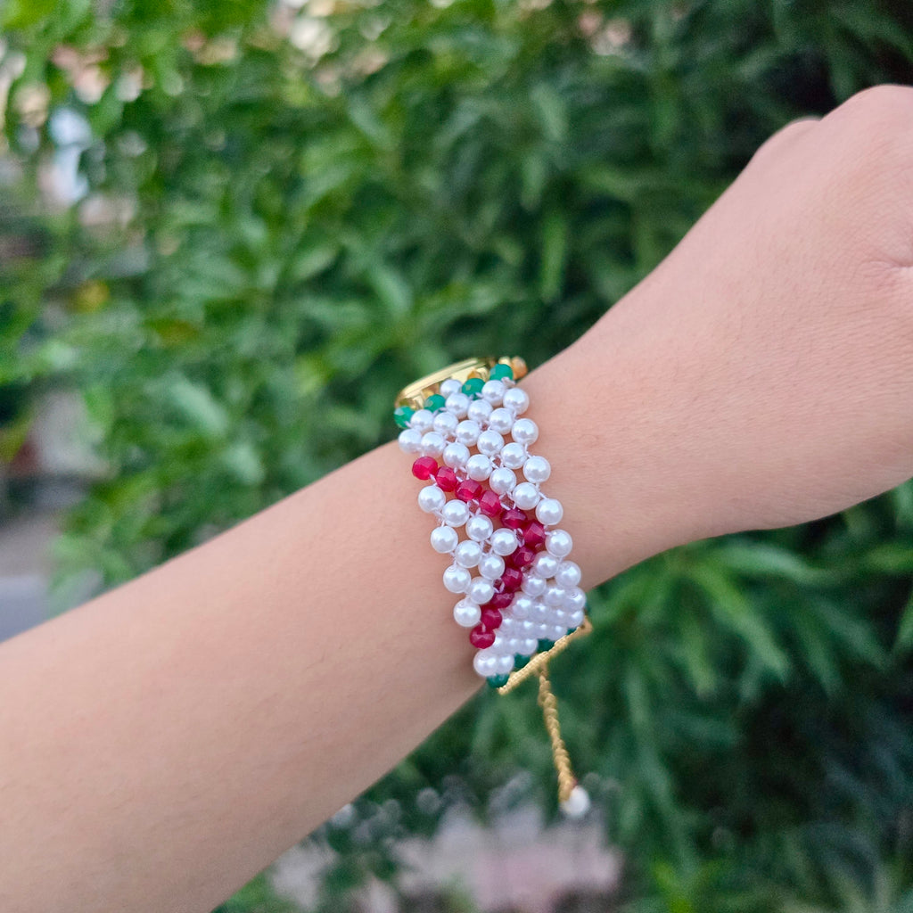 Red and Green Patterned Pearl Beaded Watch