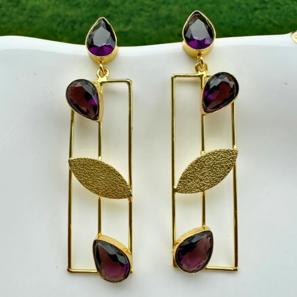 Purple Stone Brass Statement Earrings