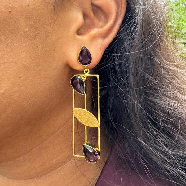 Purple Stone Brass Statement Earrings